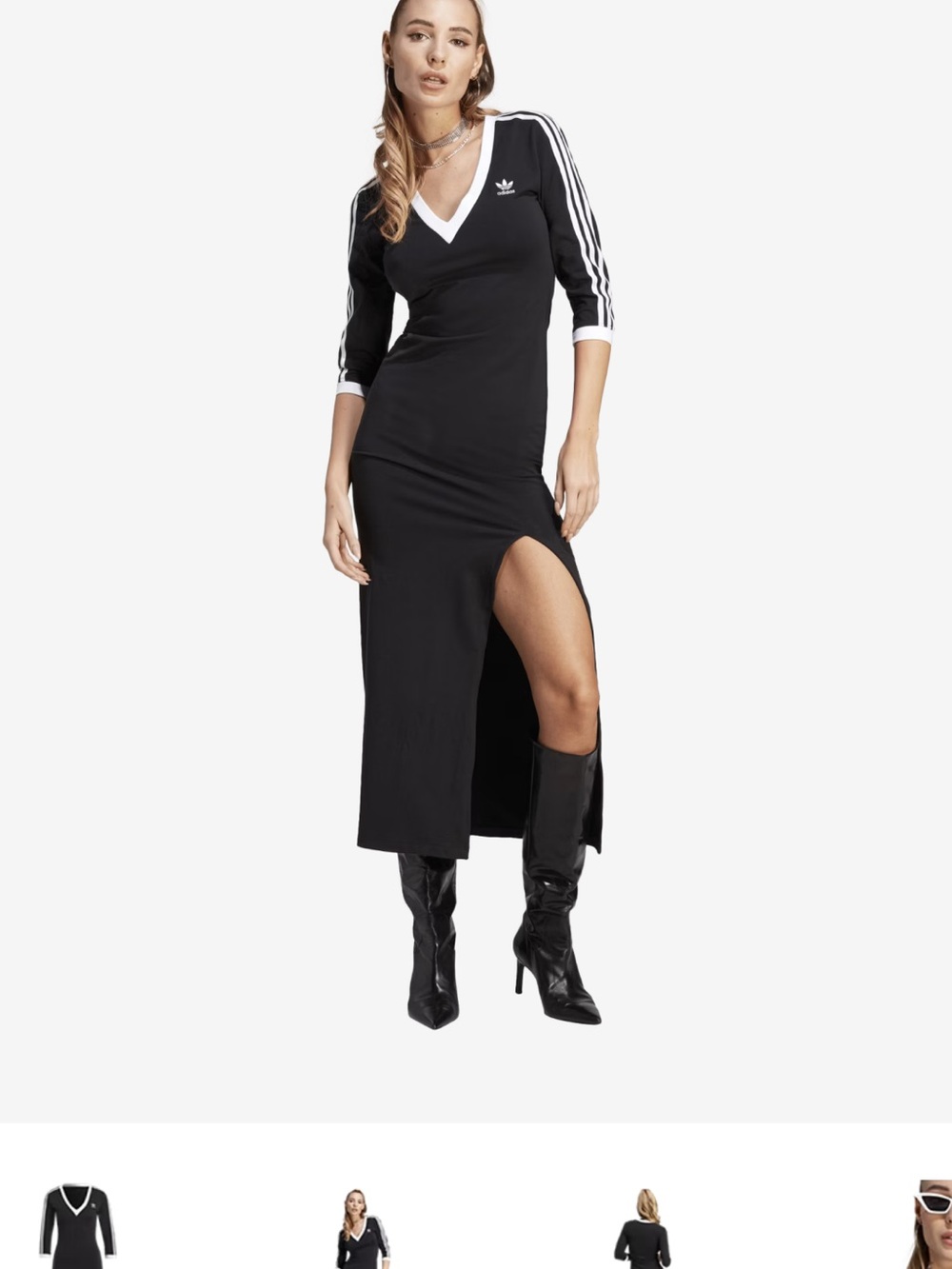 adidas Black V‑Neck Three‑Stripe Midi Dress with Side Slit
